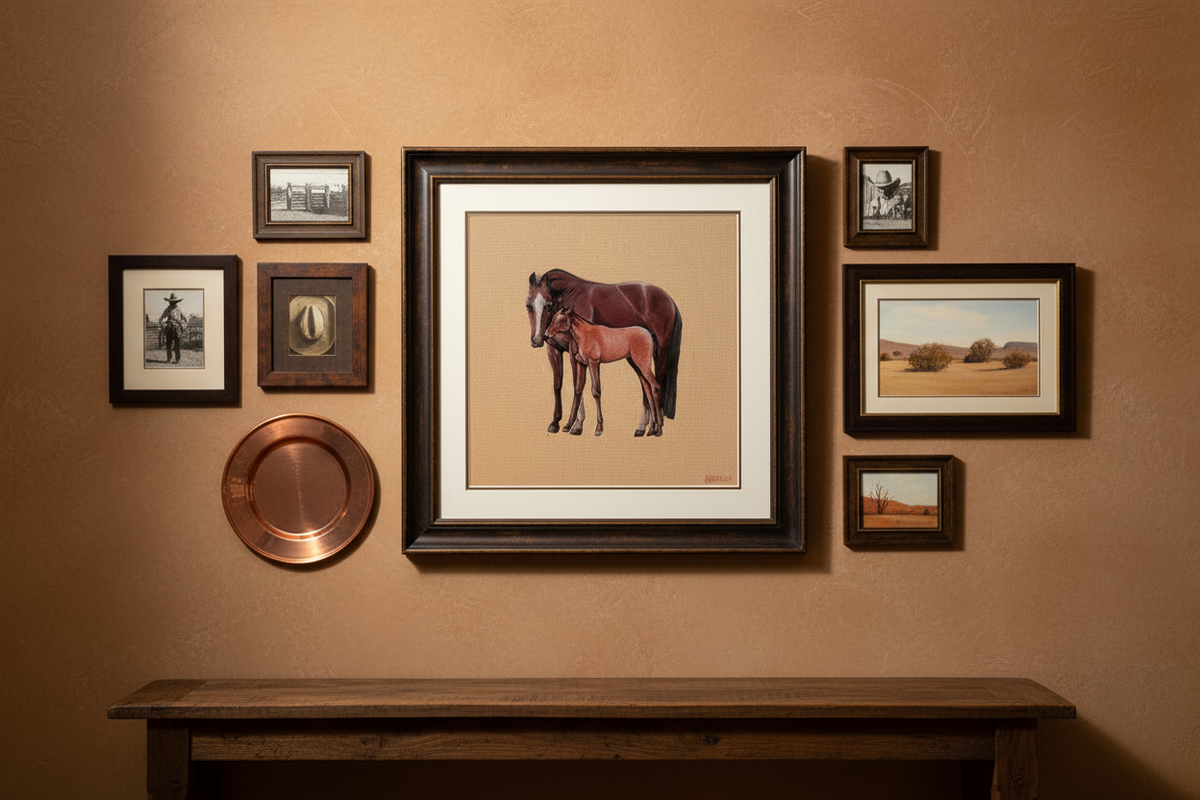 Mare and Foal by Sibella Bonnor — original acrylic on canvas painting of a mare and foal shown framed on a wall